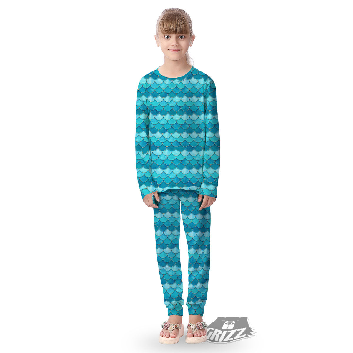 Scales Mermaid Blue Print Pattern Kid's Pajamas-grizzshop