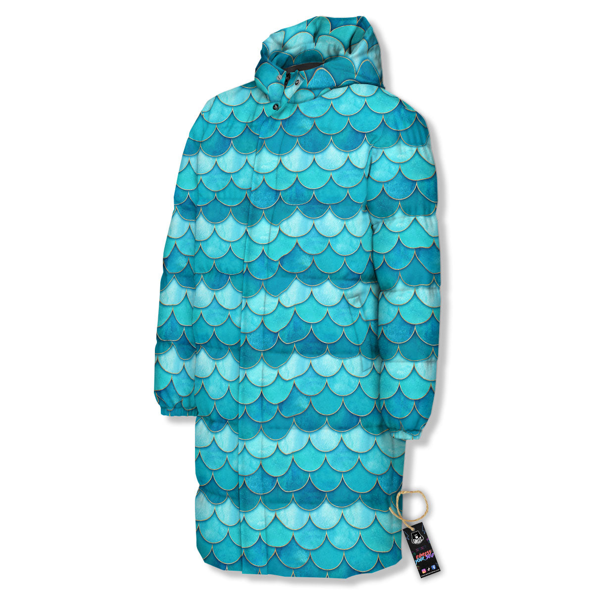 Scales Mermaid Blue Print Pattern Long Down Jacket-grizzshop