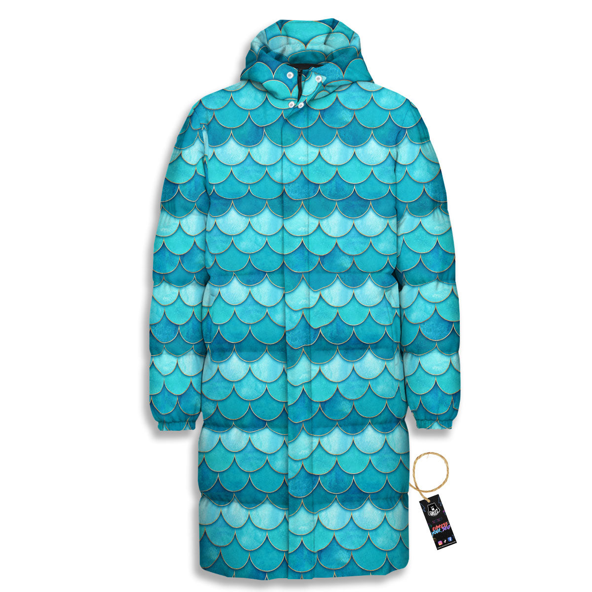 Scales Mermaid Blue Print Pattern Long Down Jacket-grizzshop