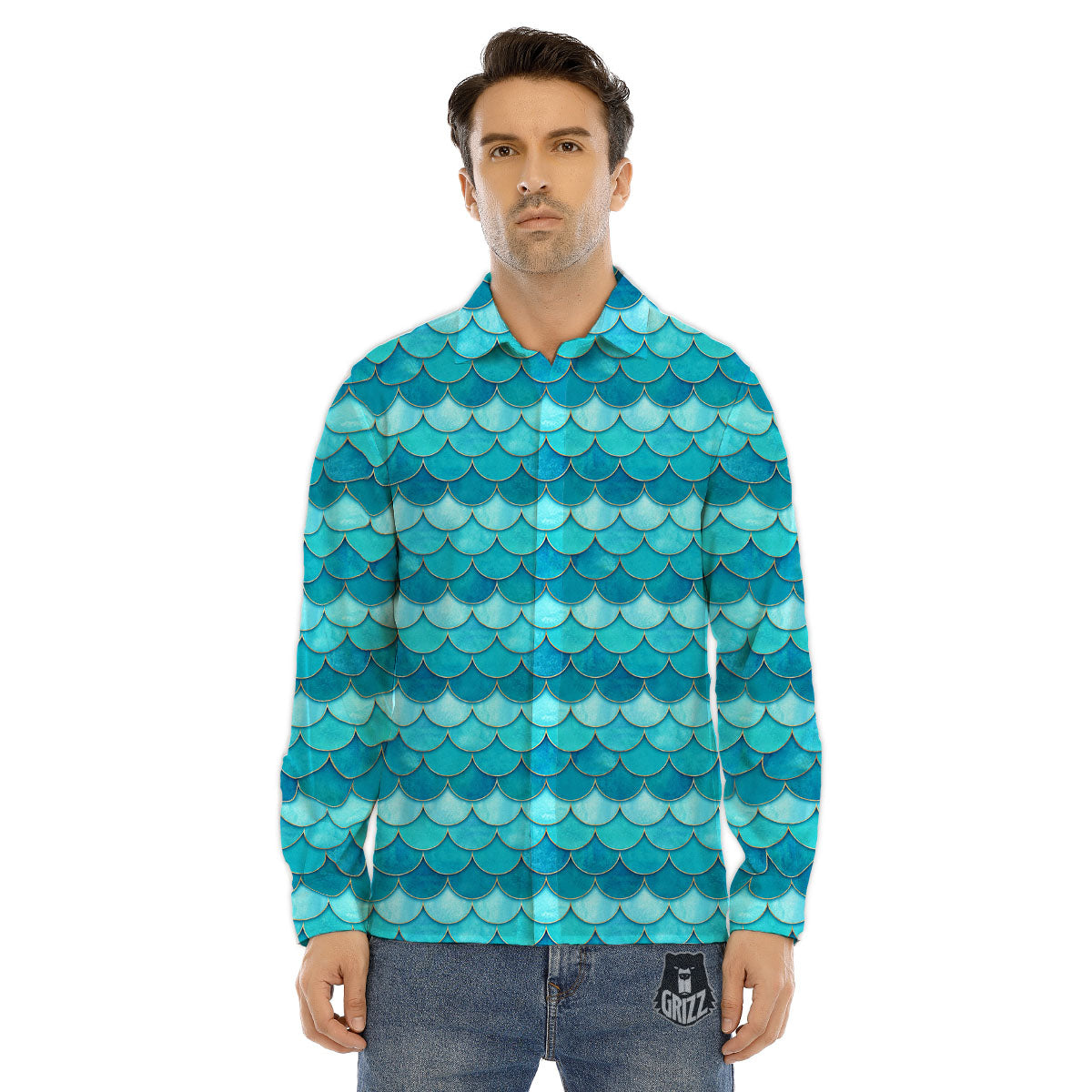 Scales Mermaid Blue Print Pattern Men's Dress Shirts-grizzshop
