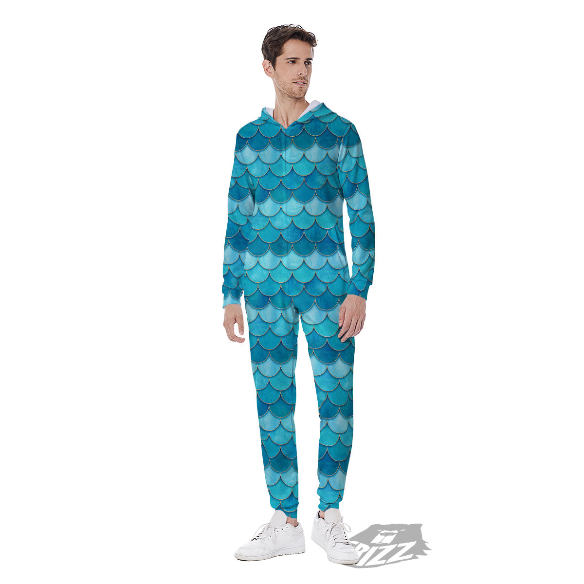 Scales Mermaid Blue Print Pattern Men's Jumpsuit-grizzshop