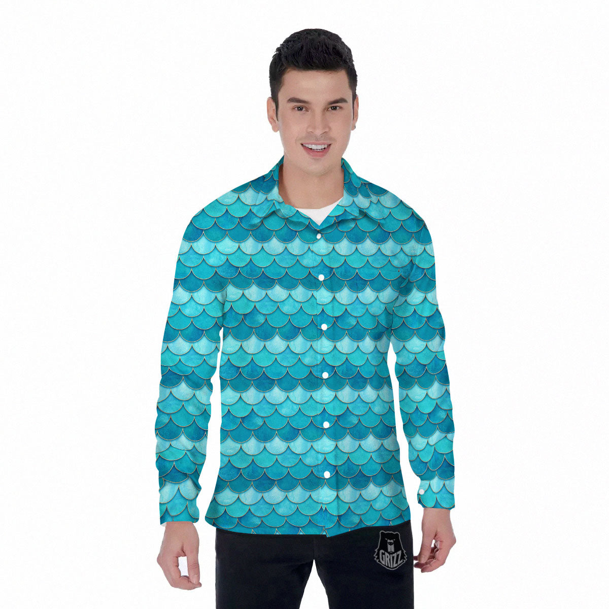 Scales Mermaid Blue Print Pattern Men's Long Sleeve Shirts-grizzshop