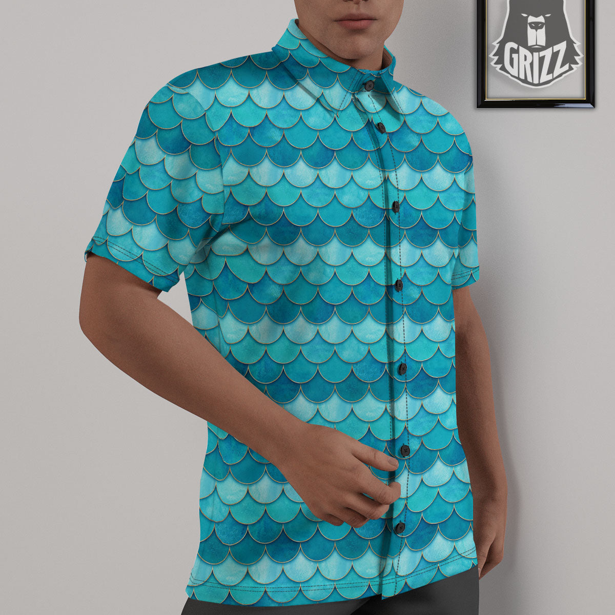 Scales Mermaid Blue Print Pattern Untucked Shirts-grizzshop