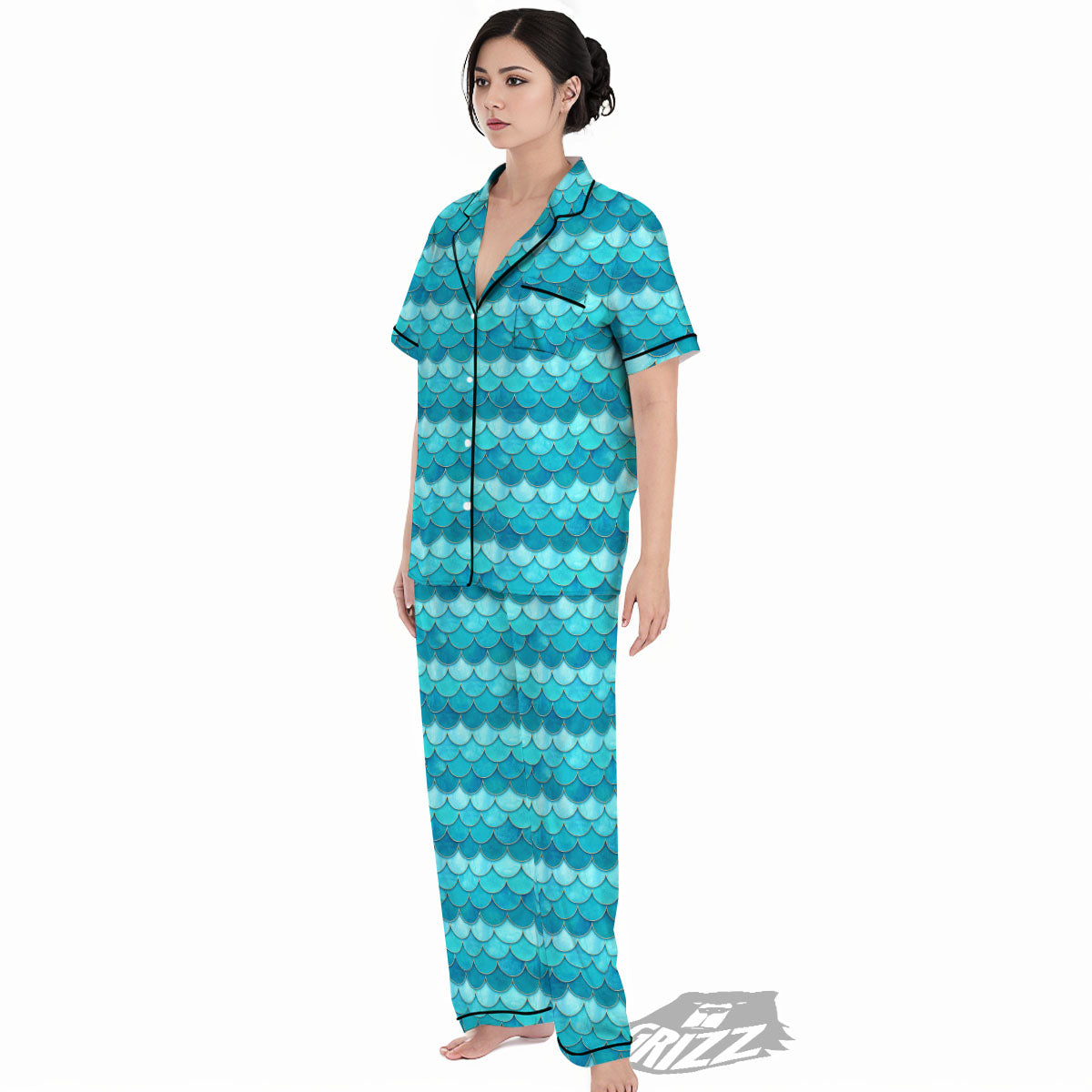 Scales Mermaid Blue Print Pattern Women's Pajamas Set-grizzshop