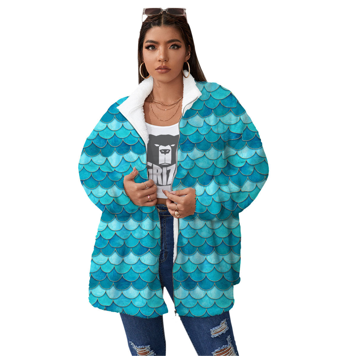 Scales Mermaid Blue Print Pattern Women's Sherpa Jacket-grizzshop
