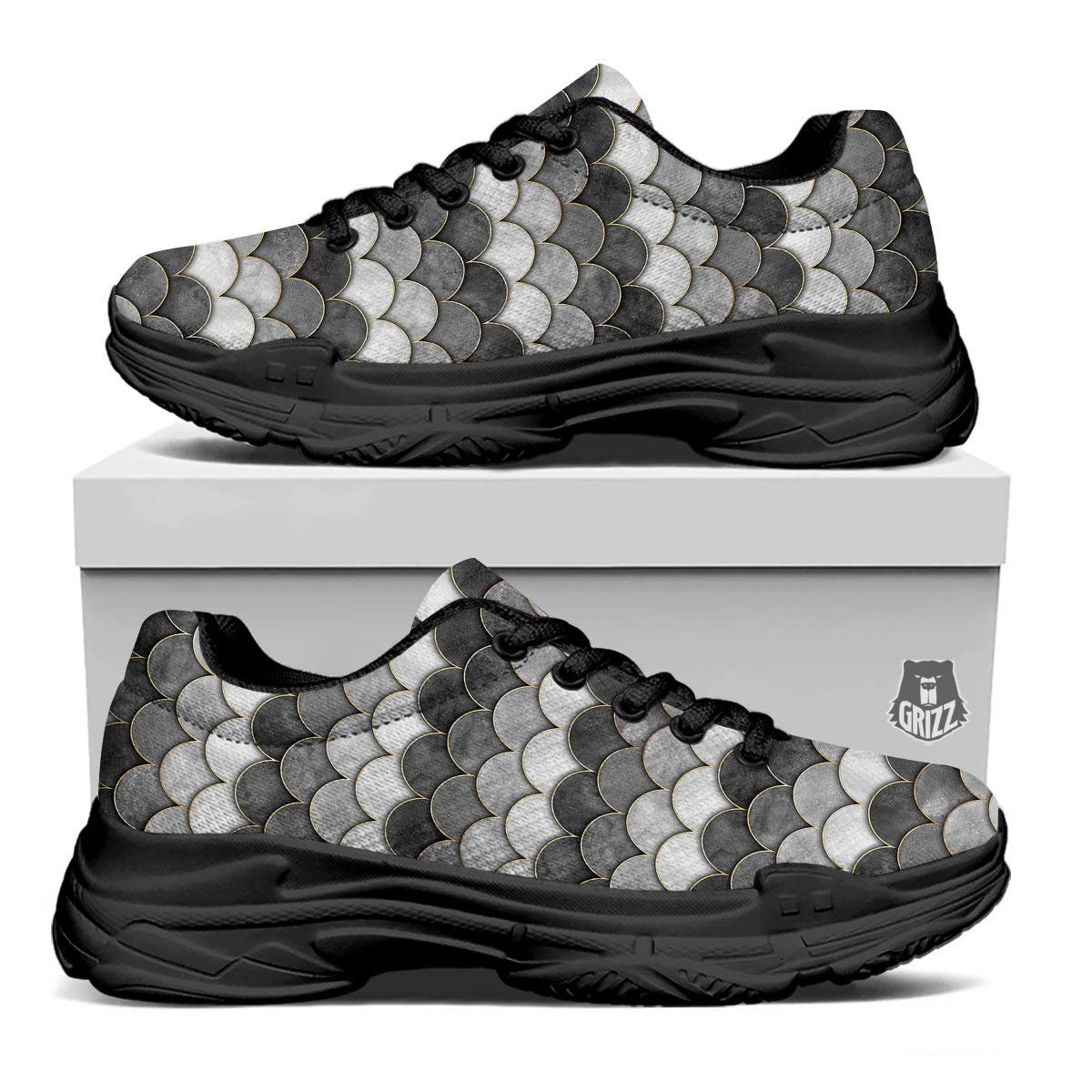 Scales Mermaid Print Pattern Black Chunky Shoes-grizzshop