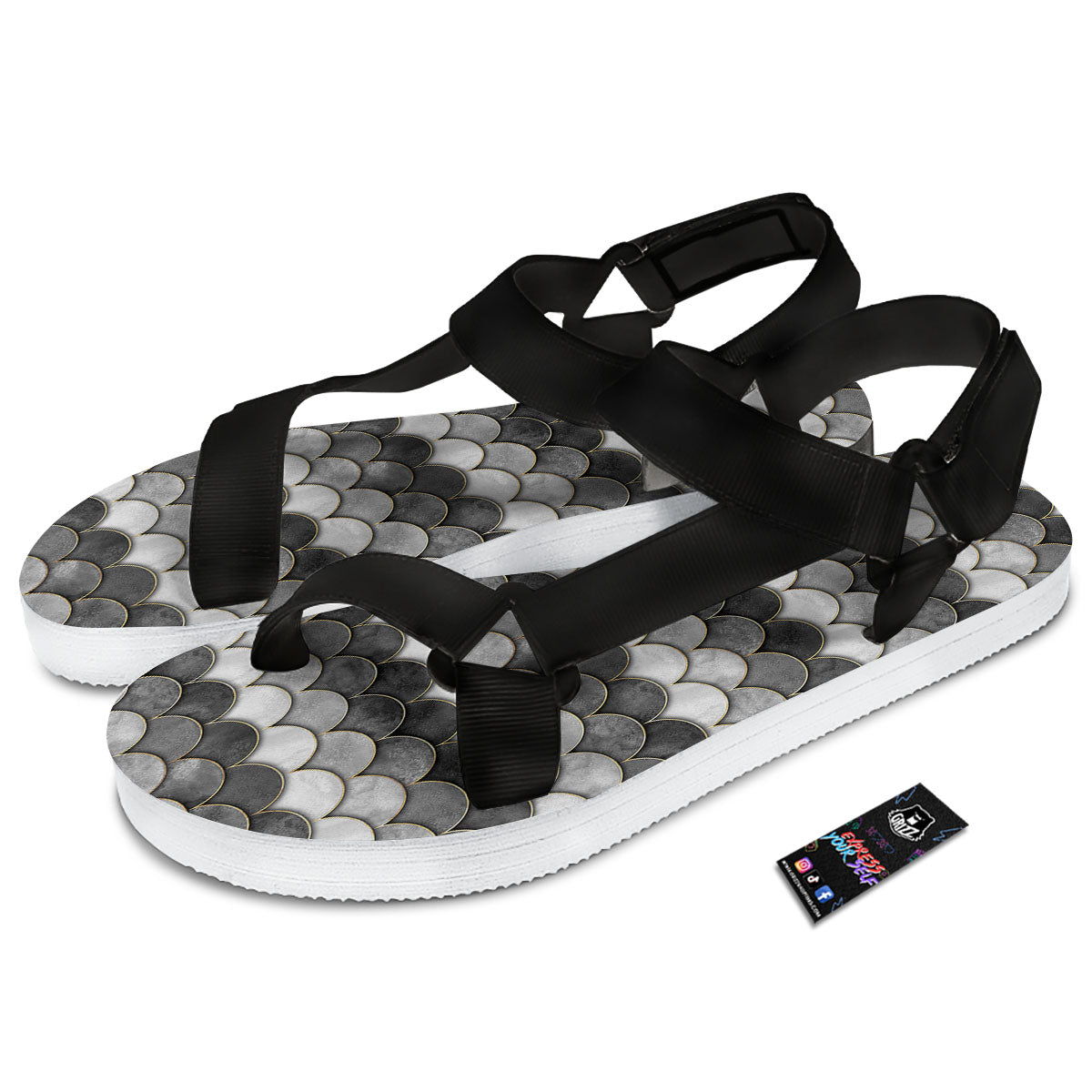 Scales Mermaid Print Pattern Black Open Toe Sandals-grizzshop