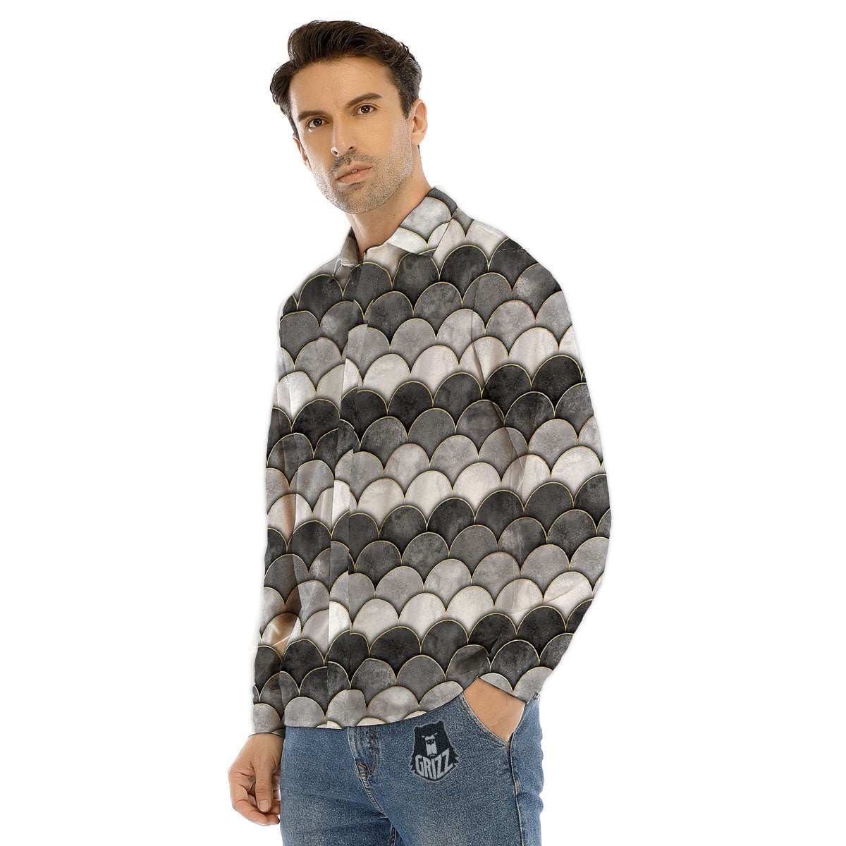 Scales Mermaid Print Pattern Men's Dress Shirts-grizzshop