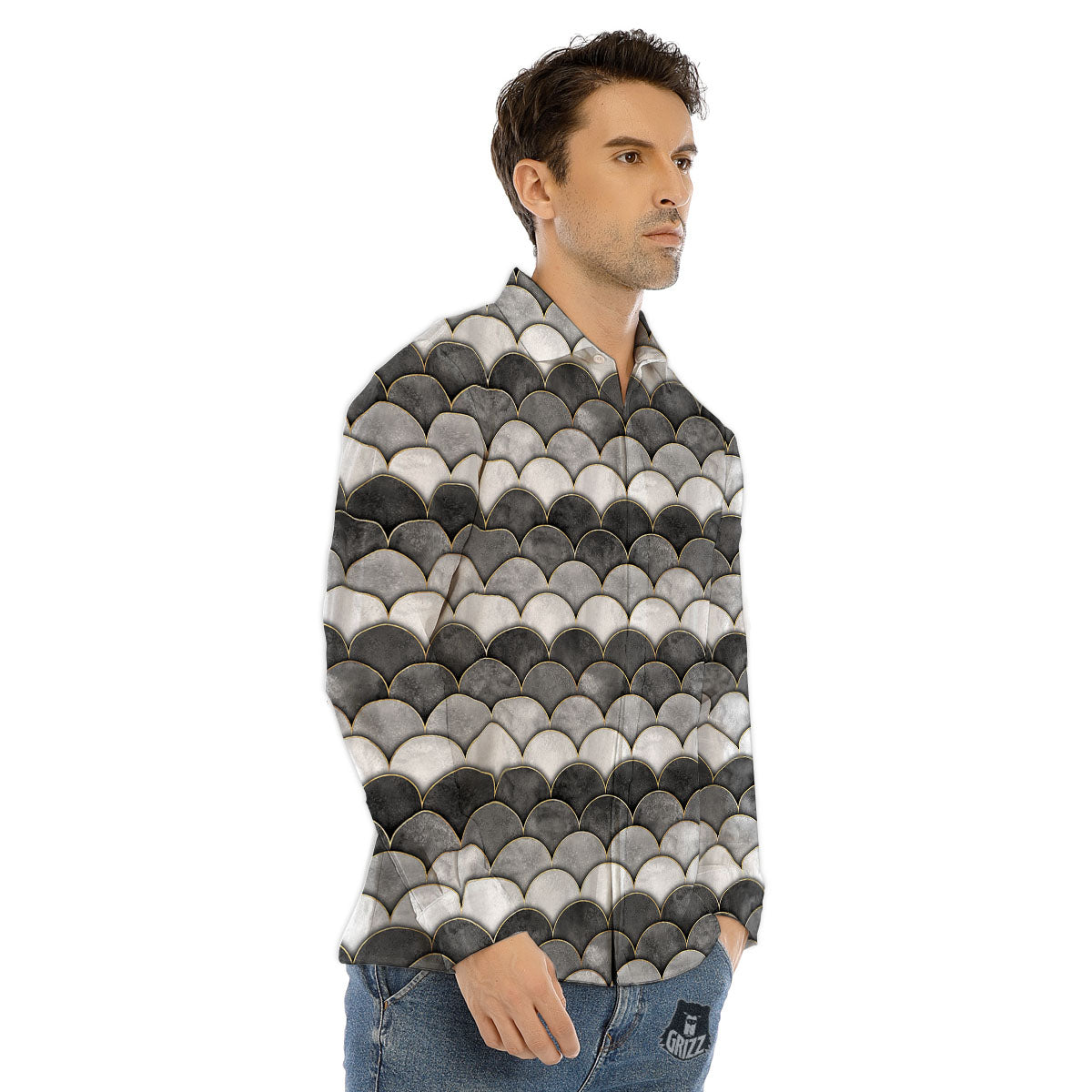 Scales Mermaid Print Pattern Men's Dress Shirts-grizzshop
