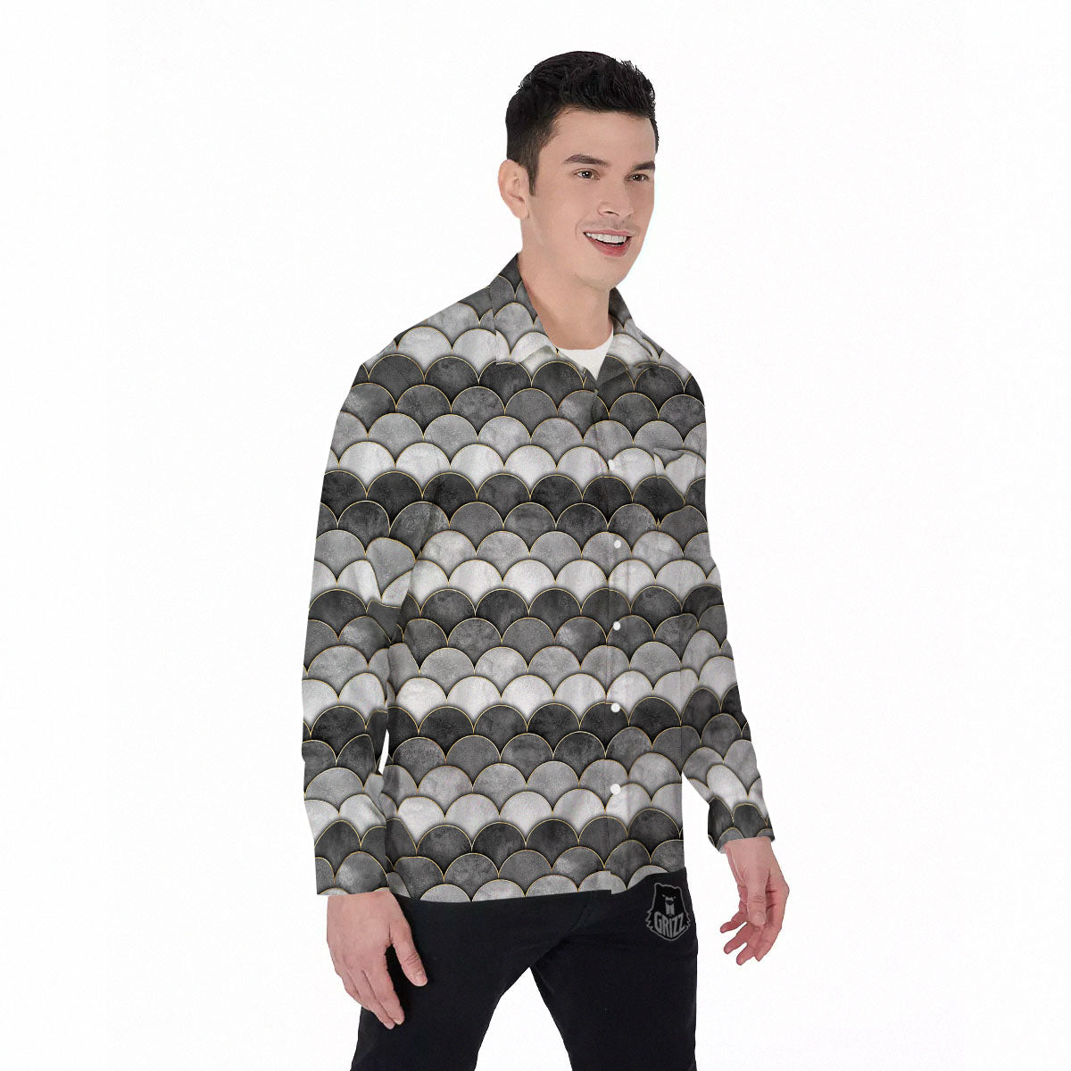 Scales Mermaid Print Pattern Men's Long Sleeve Shirts-grizzshop