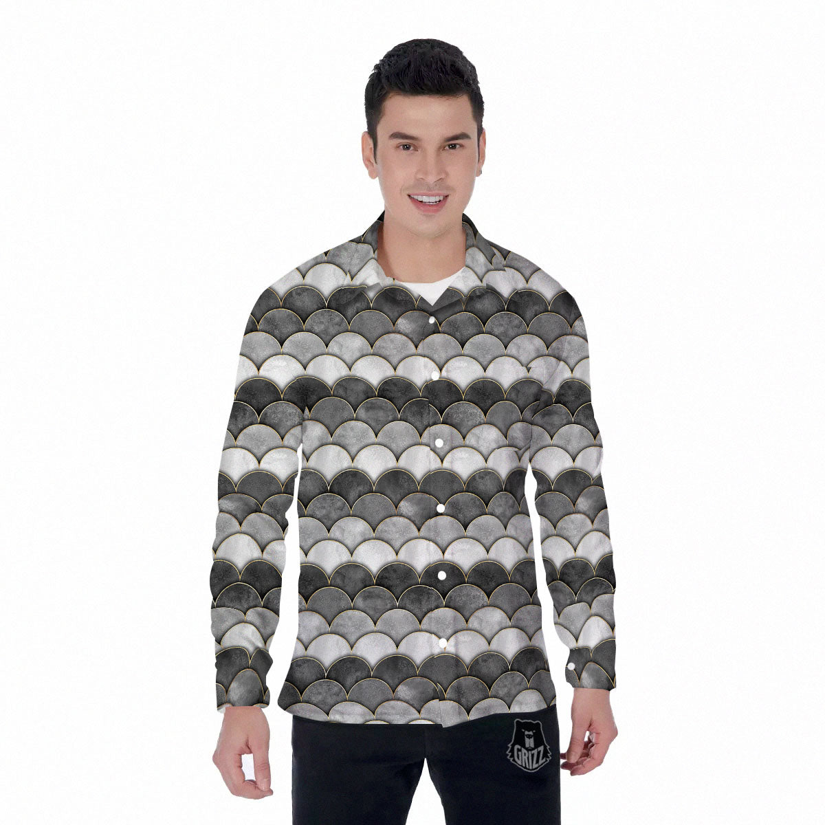 Scales Mermaid Print Pattern Men's Long Sleeve Shirts-grizzshop