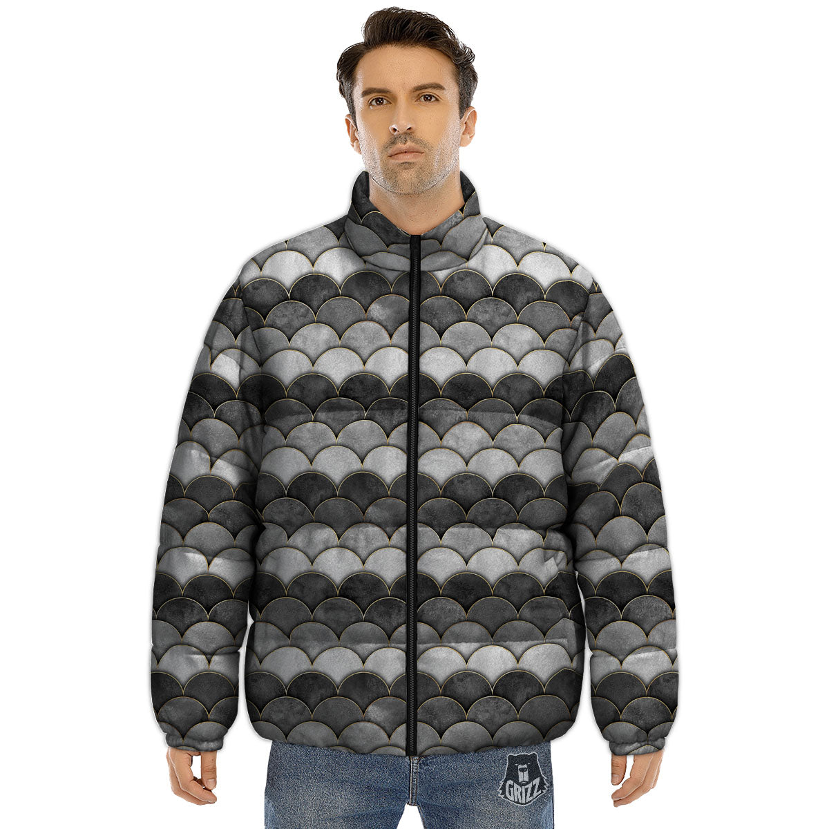 Scales Mermaid Print Pattern Puffer Jacket-grizzshop