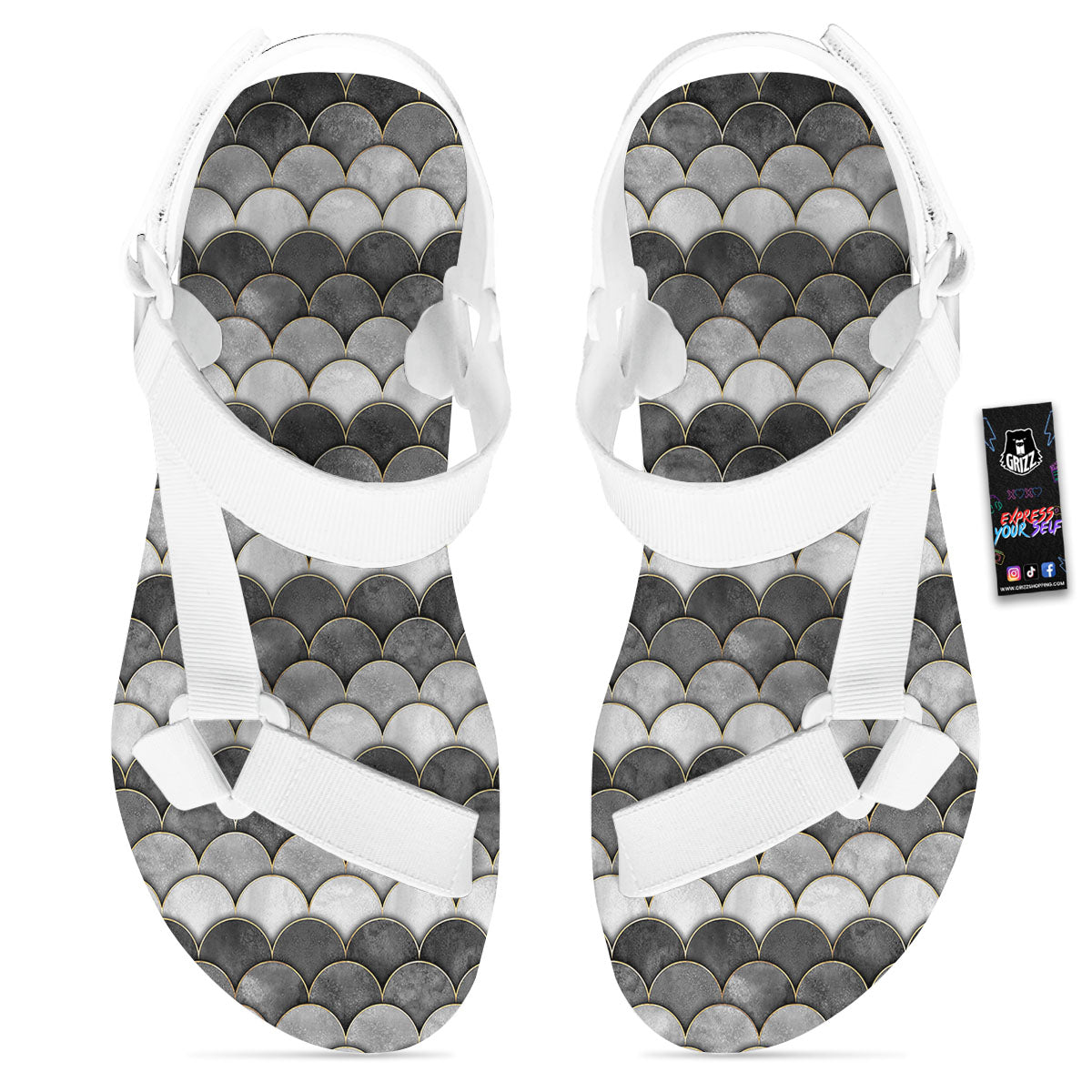 Scales Mermaid Print Pattern White Open Toe Sandals-grizzshop