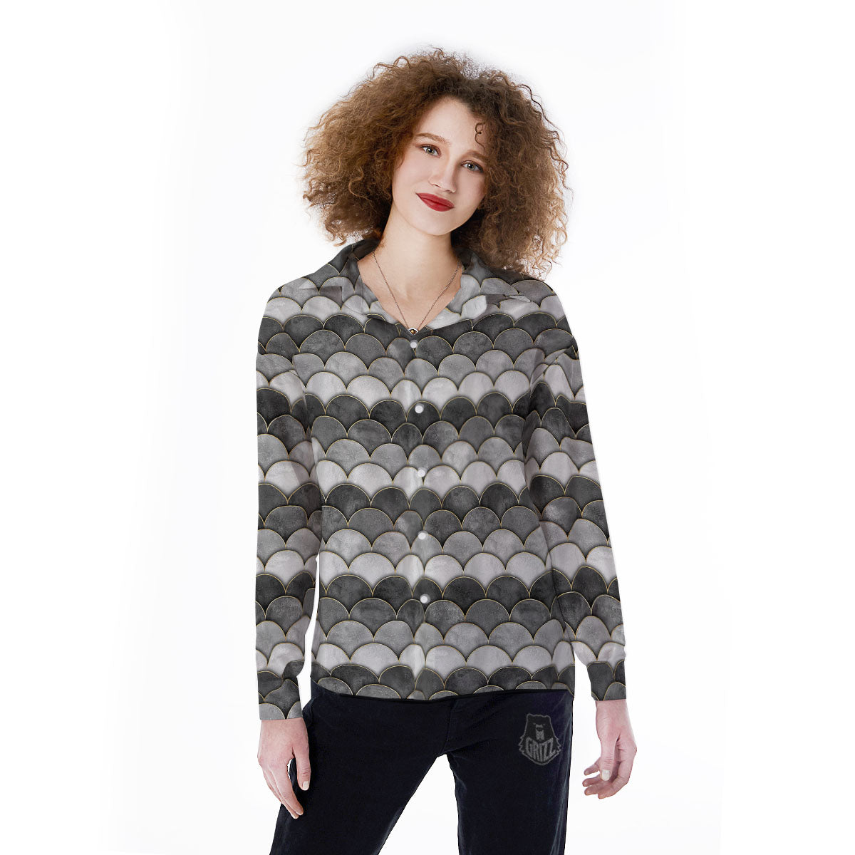 Scales Mermaid Print Pattern Women's Long Sleeve Shirts-grizzshop