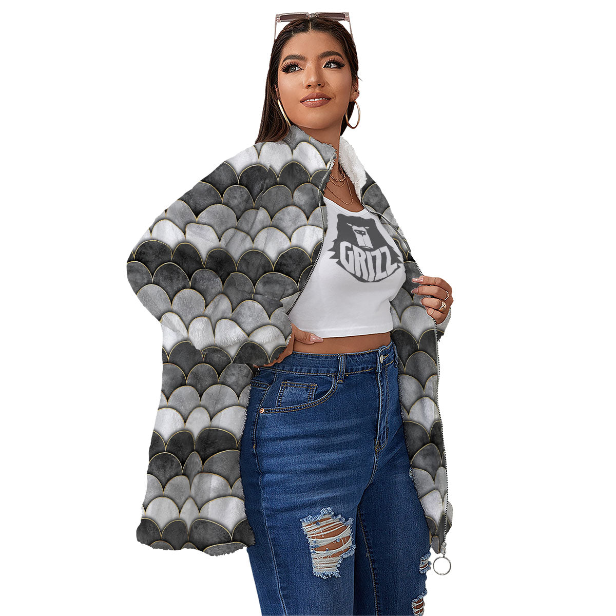 Scales Mermaid Print Pattern Women's Sherpa Jacket-grizzshop