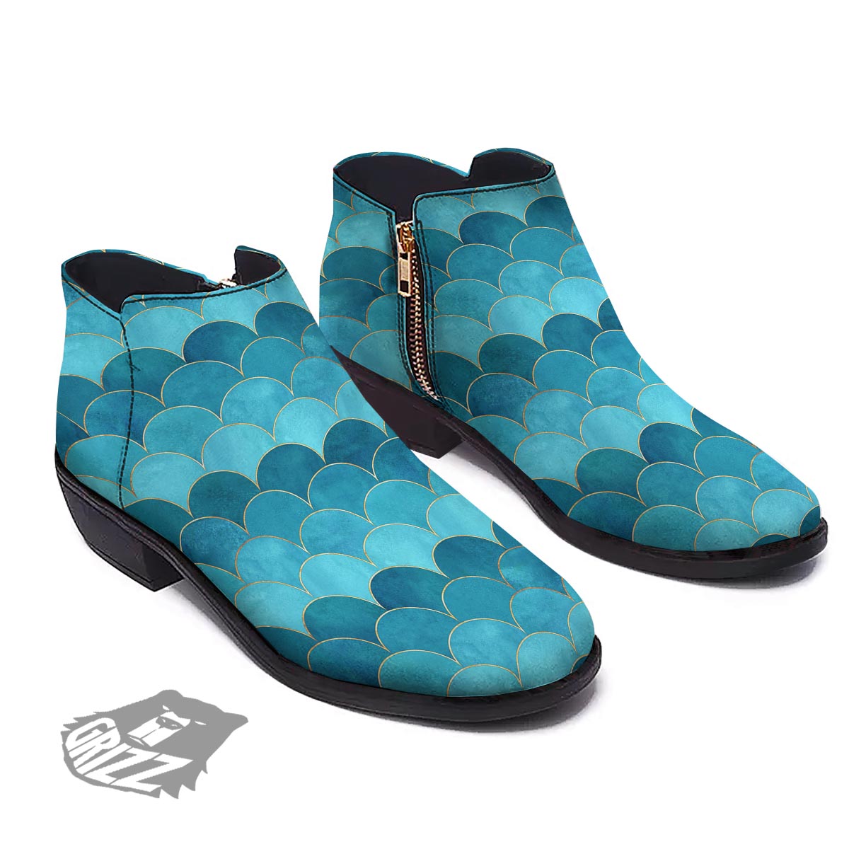Scales Teal Mermaid Print Pattern Ankle Boots-grizzshop