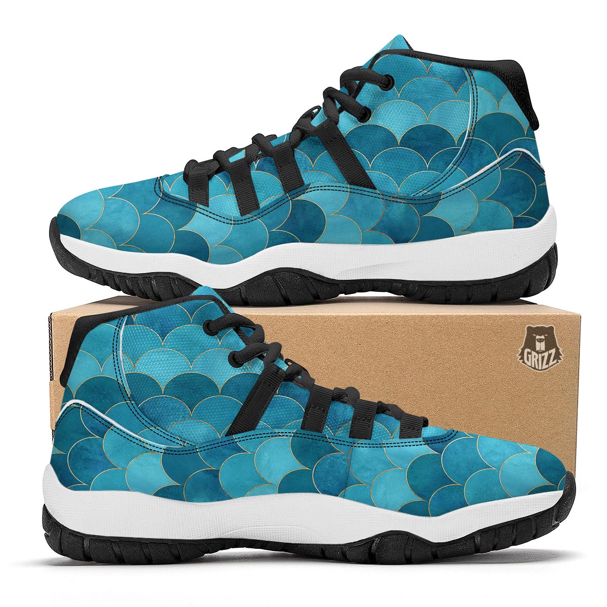 Scales Teal Mermaid Print Pattern Black Bball Shoes-grizzshop
