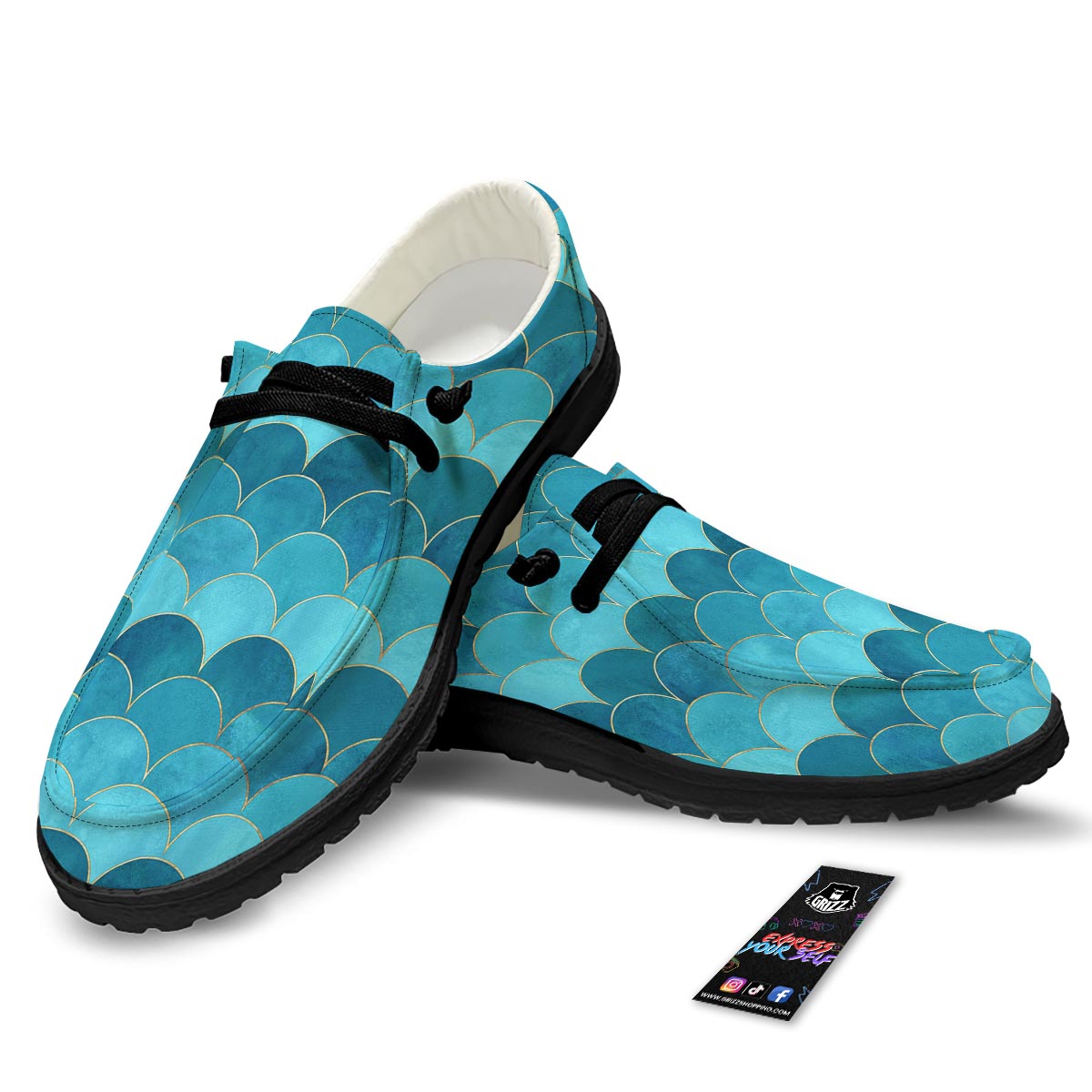 Scales Teal Mermaid Print Pattern Black Loafers-grizzshop