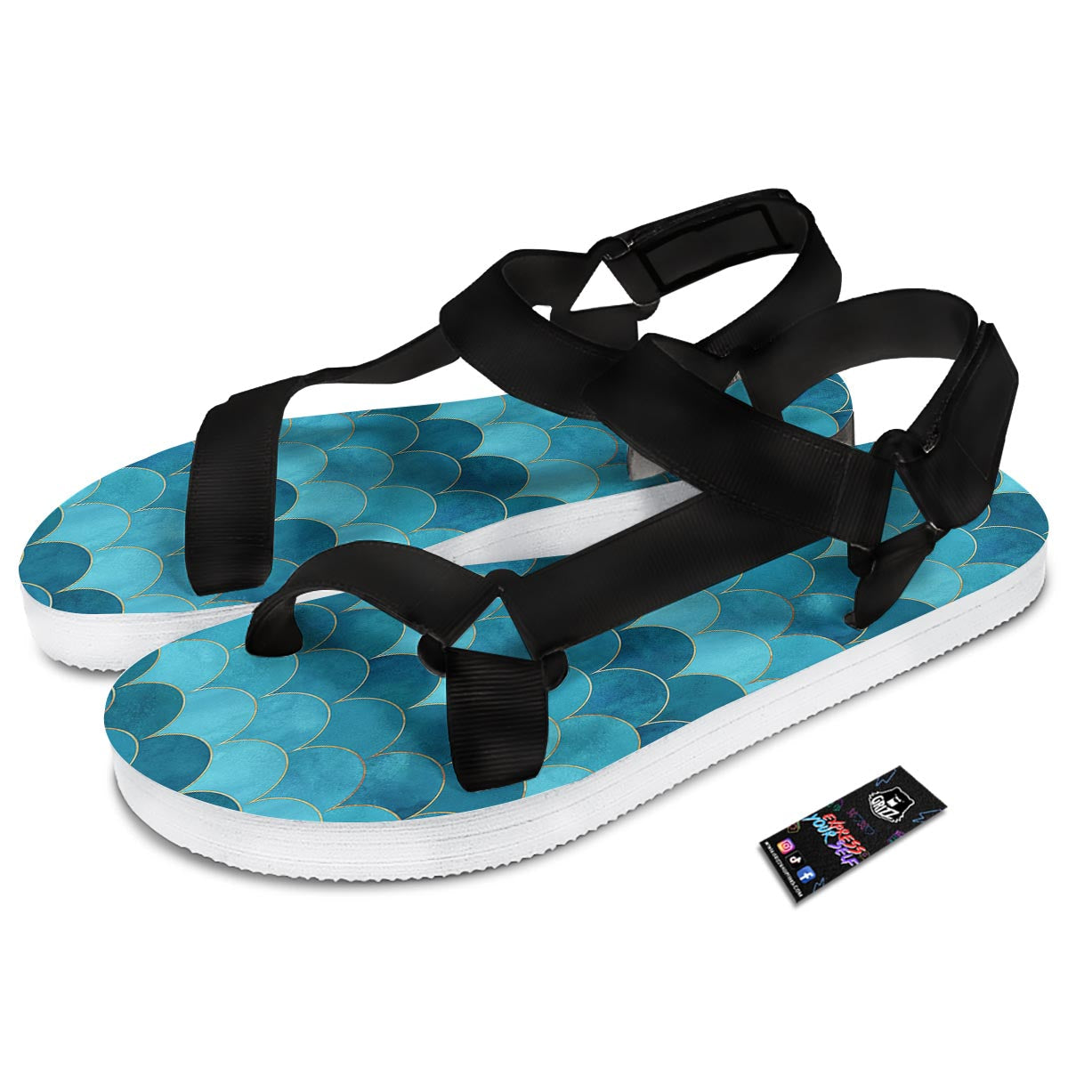 Scales Teal Mermaid Print Pattern Black Open Toe Sandals-grizzshop