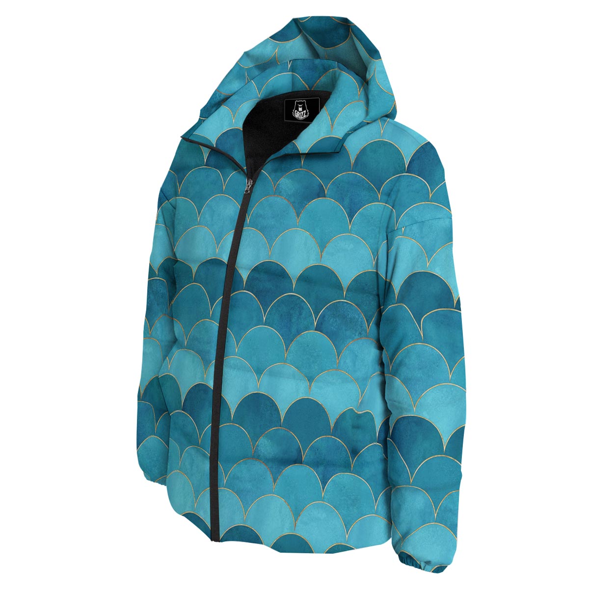 Scales Teal Mermaid Print Pattern Down Jacket-grizzshop