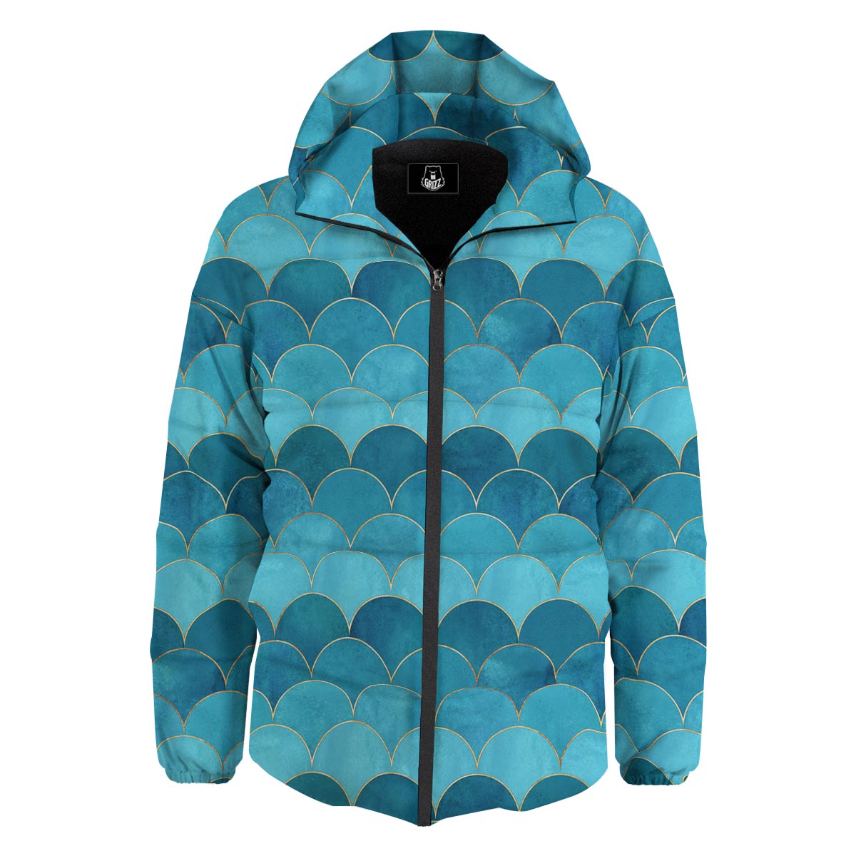 Scales Teal Mermaid Print Pattern Down Jacket-grizzshop