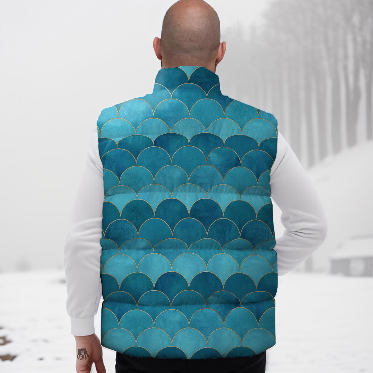 Scales Teal Mermaid Print Pattern Down Vest