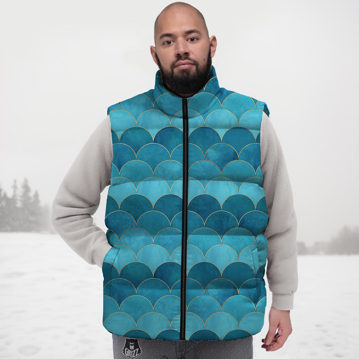 Scales Teal Mermaid Print Pattern Down Vest