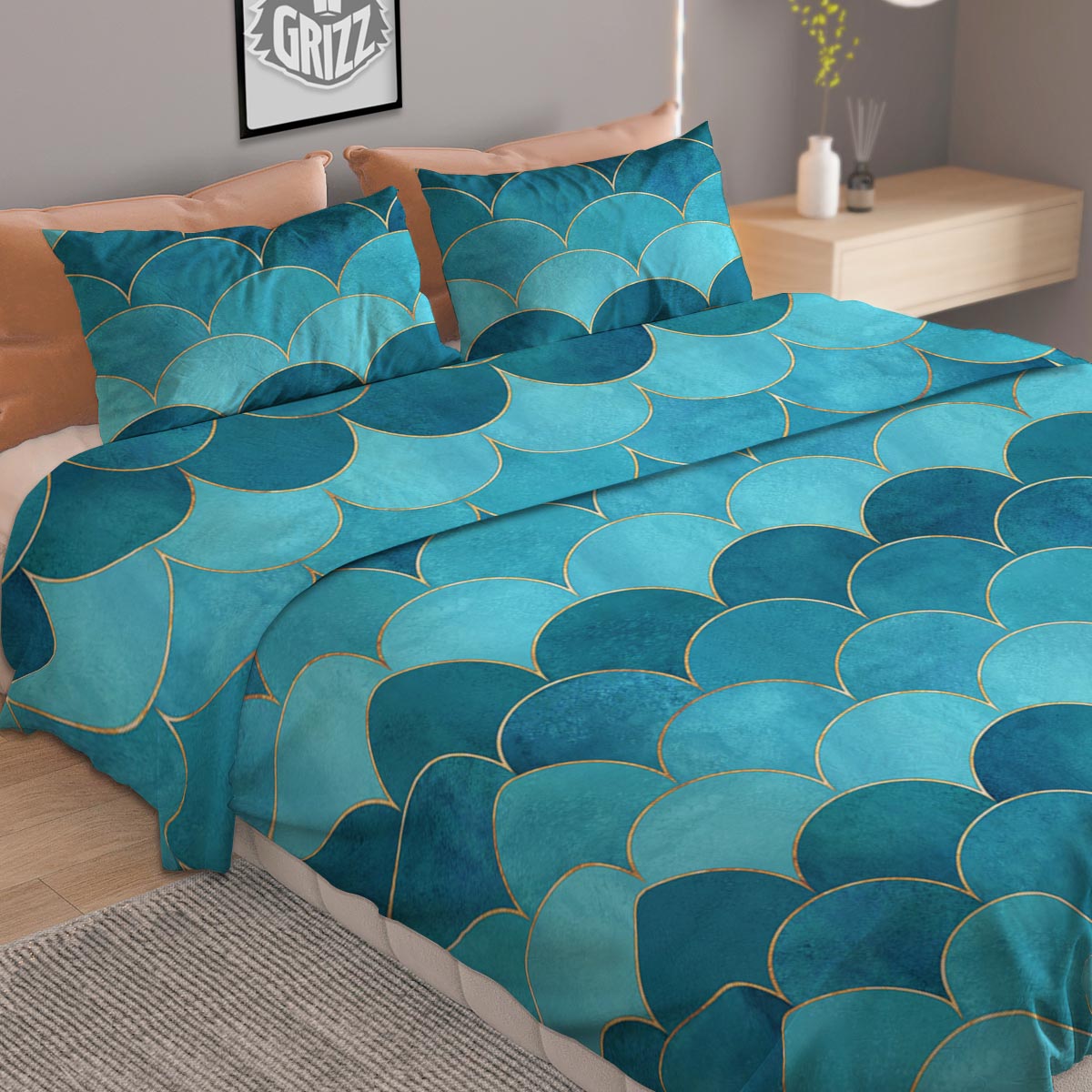Scales Teal Mermaid Print Pattern Duvet Cover Bedding Set