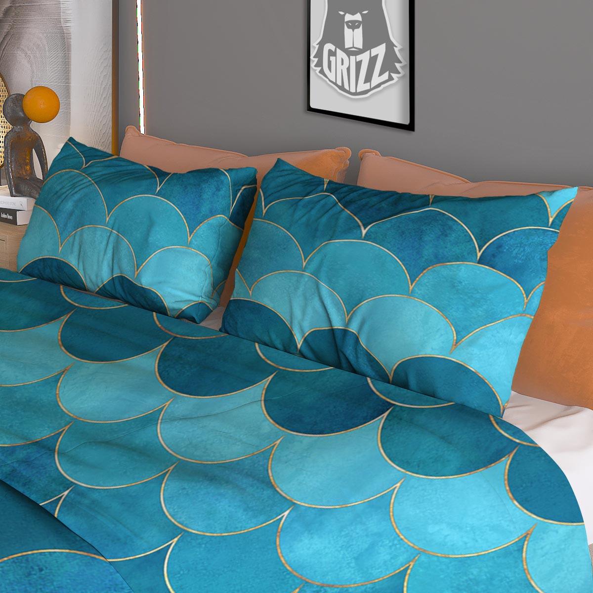 Scales Teal Mermaid Print Pattern Duvet Cover Bedding Set