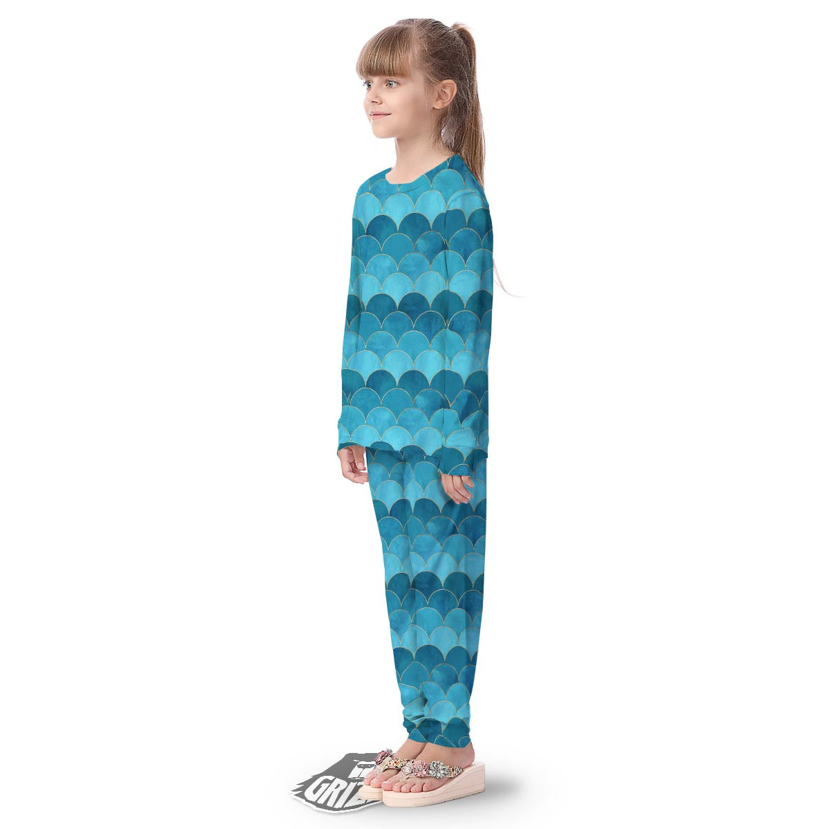 Scales Teal Mermaid Print Pattern Kid's Pajamas-grizzshop