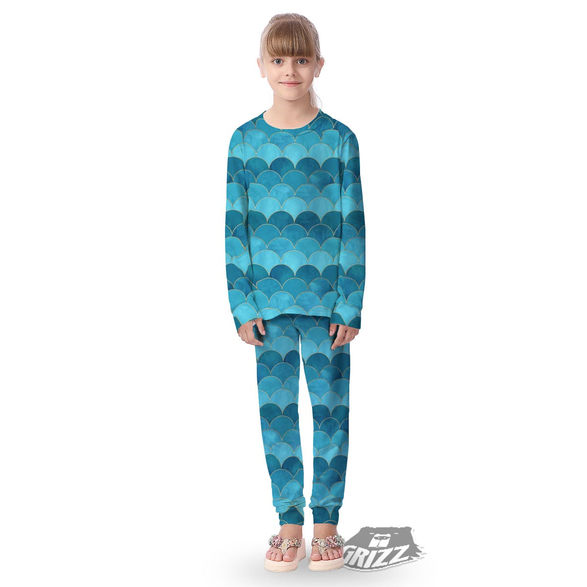 Scales Teal Mermaid Print Pattern Kid's Pajamas-grizzshop