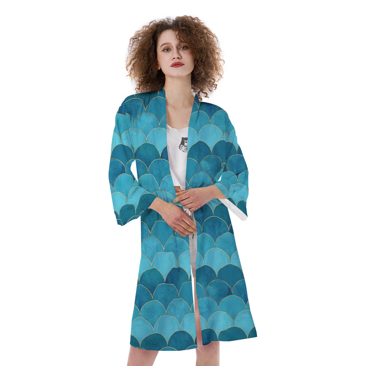 Scales Teal Mermaid Print Pattern Kimono-grizzshop
