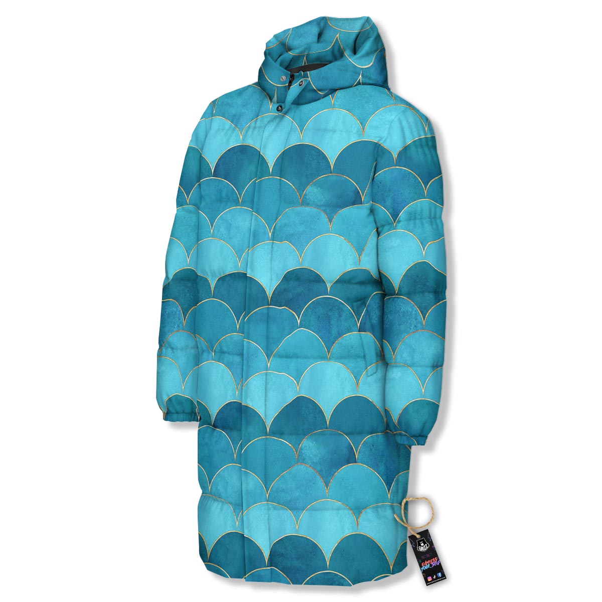 Scales Teal Mermaid Print Pattern Long Down Jacket-grizzshop