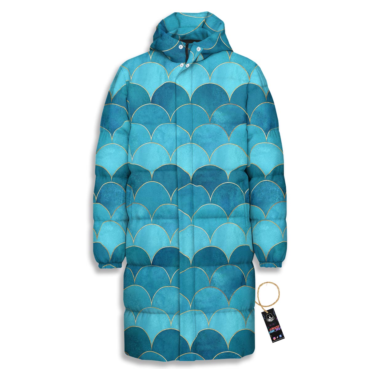 Scales Teal Mermaid Print Pattern Long Down Jacket-grizzshop