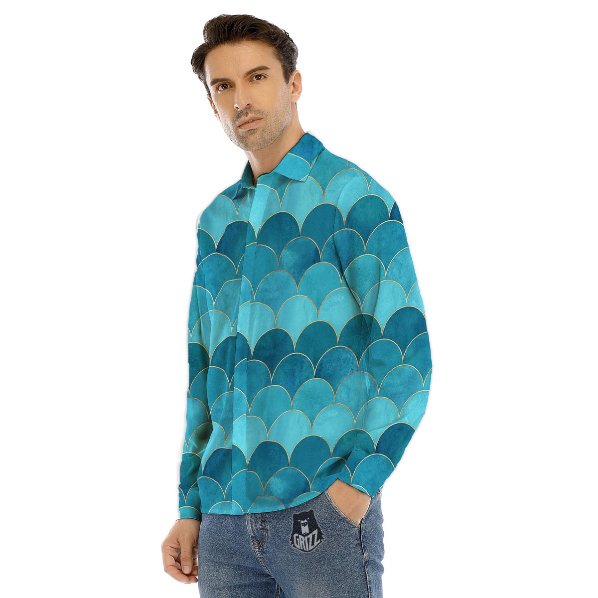 Scales Teal Mermaid Print Pattern Men's Dress Shirts-grizzshop