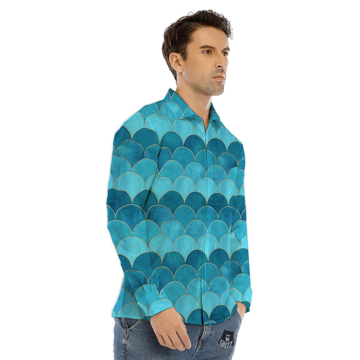 Scales Teal Mermaid Print Pattern Men's Dress Shirts-grizzshop