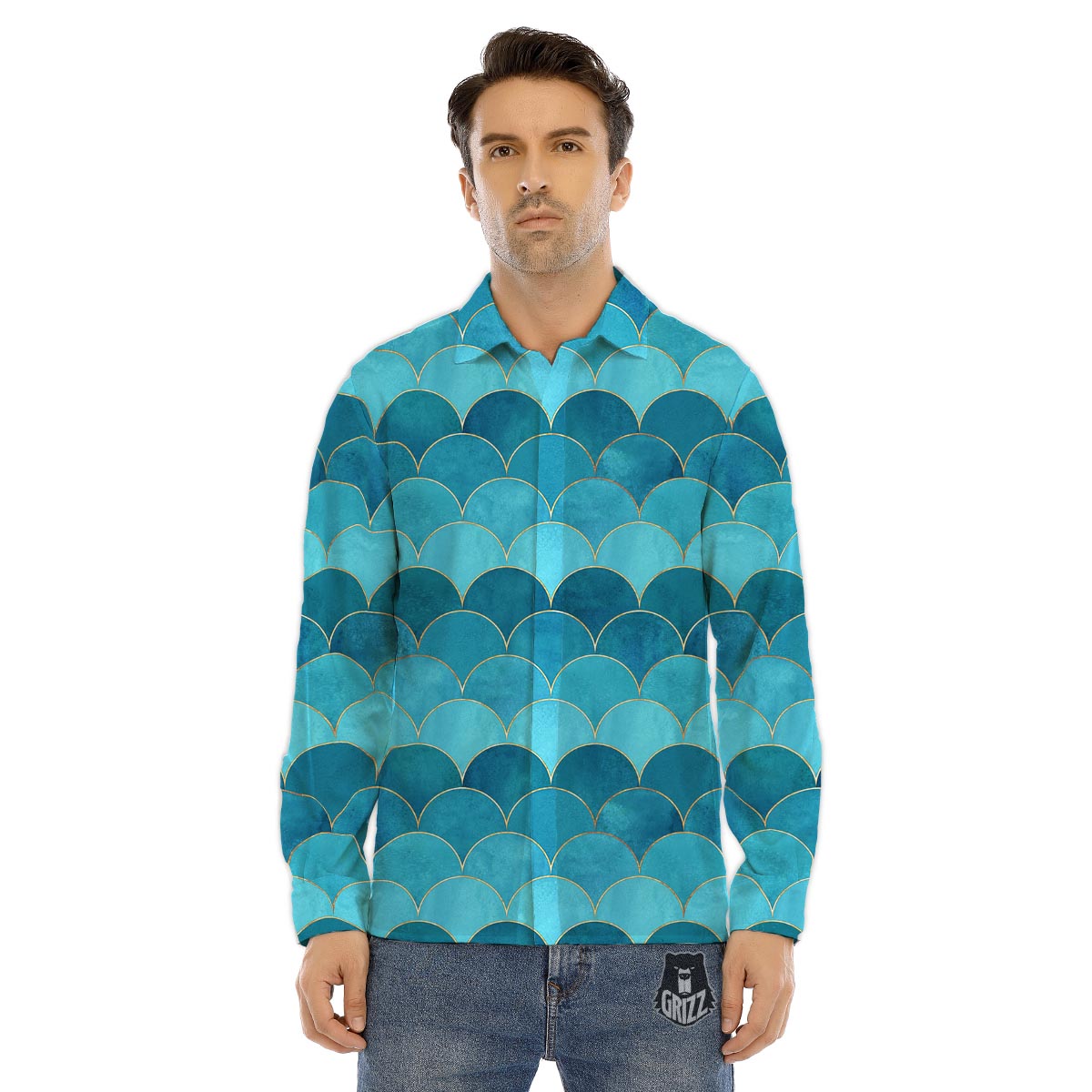 Scales Teal Mermaid Print Pattern Men's Dress Shirts-grizzshop