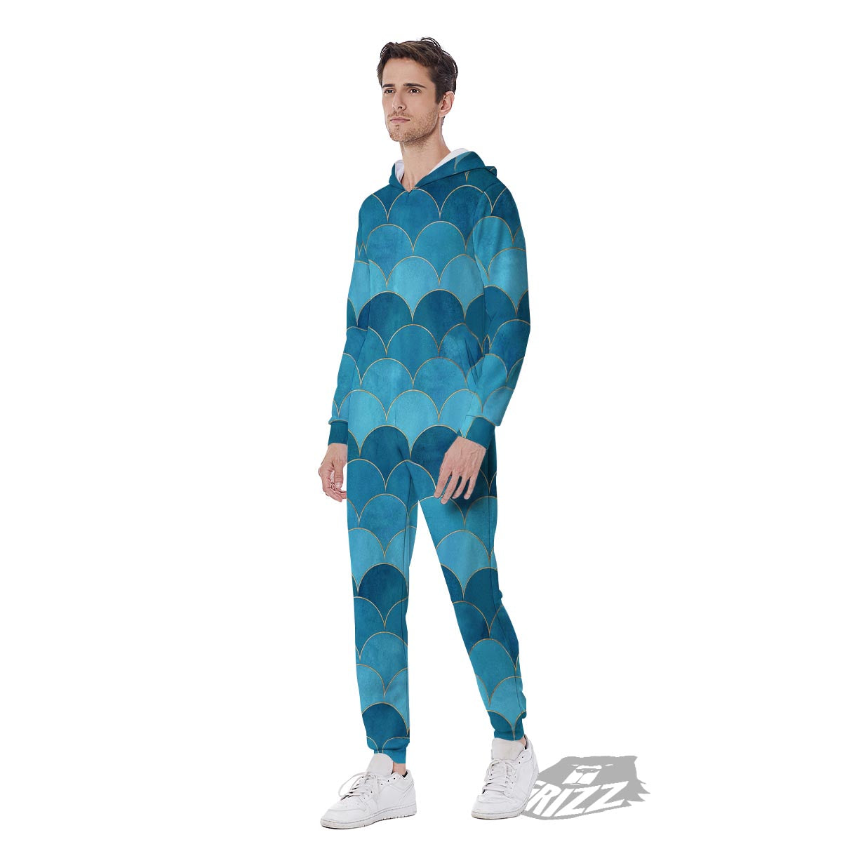 Scales Teal Mermaid Print Pattern Men's Jumpsuit-grizzshop