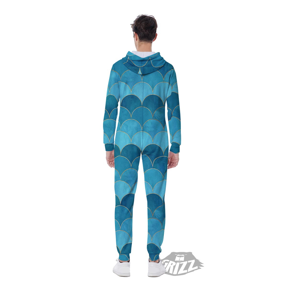 Scales Teal Mermaid Print Pattern Men's Jumpsuit-grizzshop