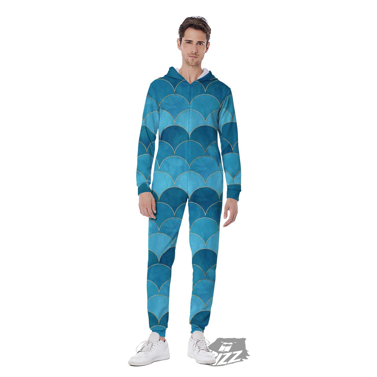 Scales Teal Mermaid Print Pattern Men's Jumpsuit-grizzshop