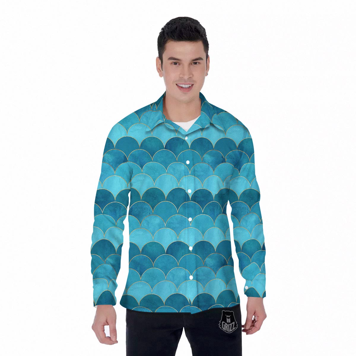 Scales Teal Mermaid Print Pattern Men's Long Sleeve Shirts-grizzshop
