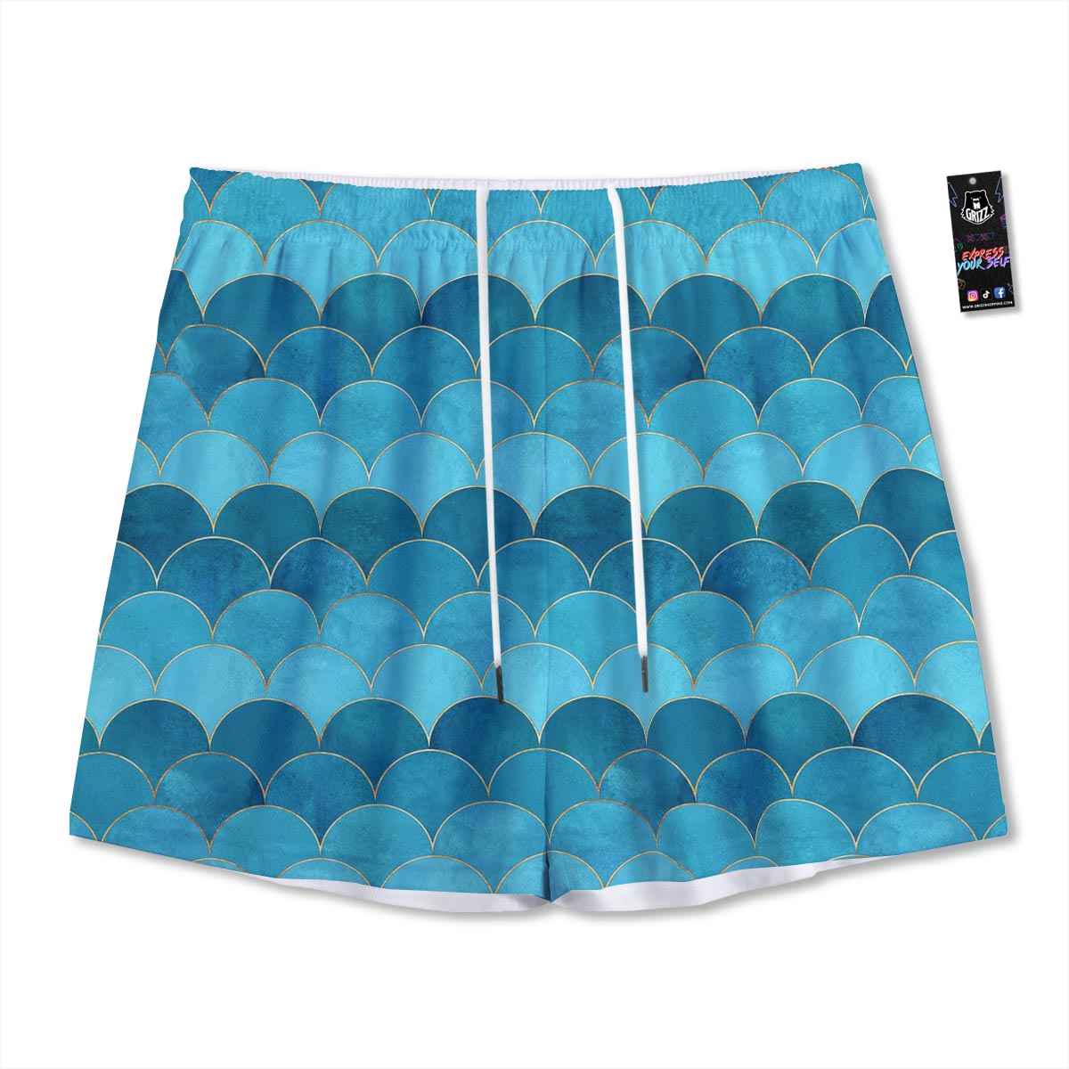 Scales Teal Mermaid Print Pattern Mesh Shorts