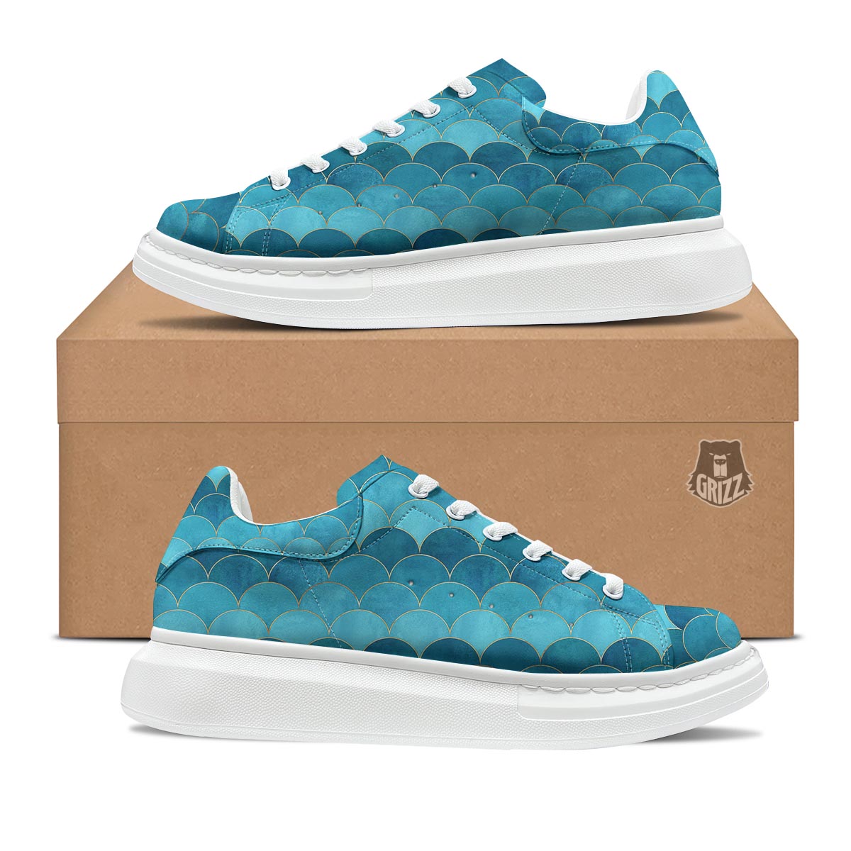 Scales Teal Mermaid Print Pattern Platform Shoes-grizzshop