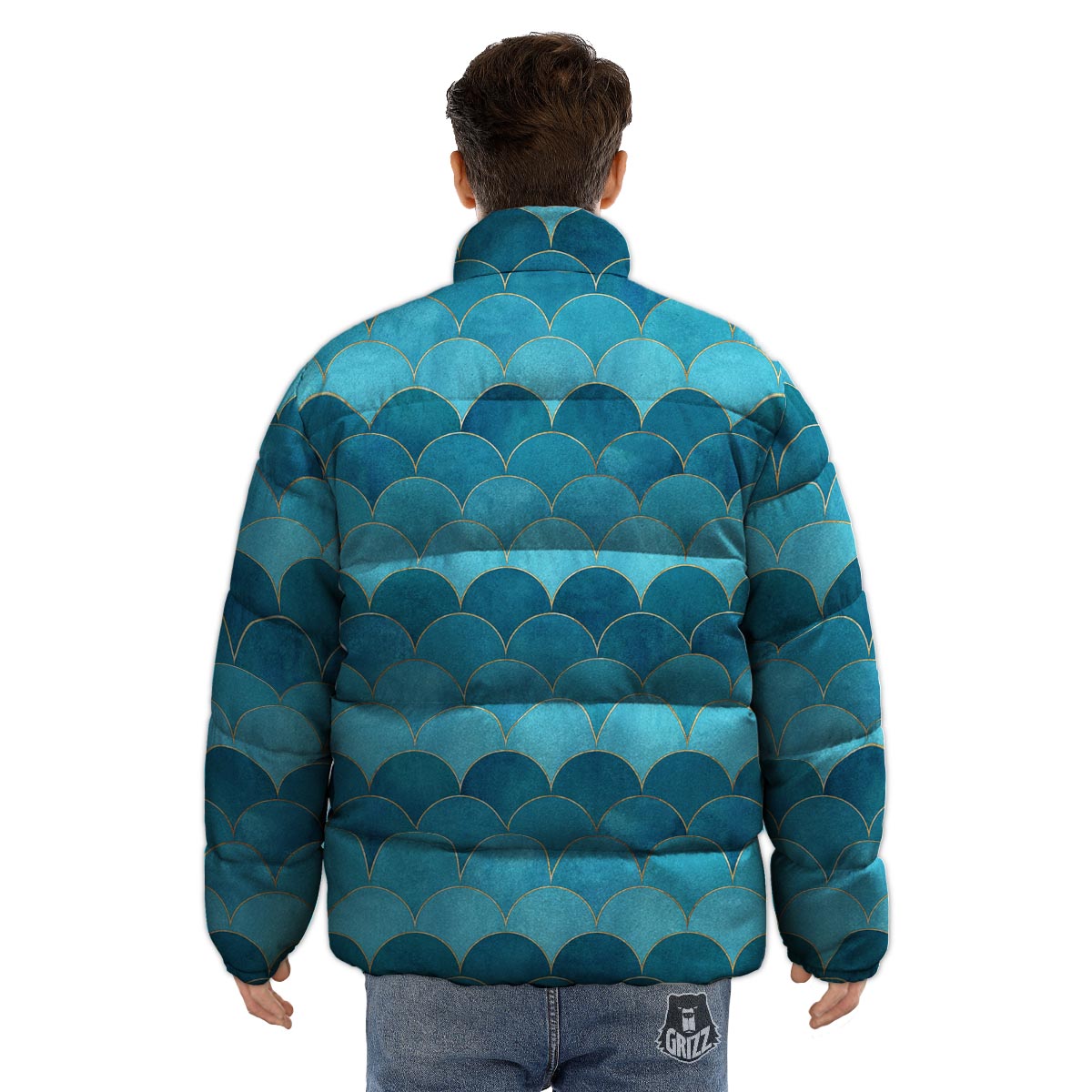 Scales Teal Mermaid Print Pattern Puffer Jacket-grizzshop