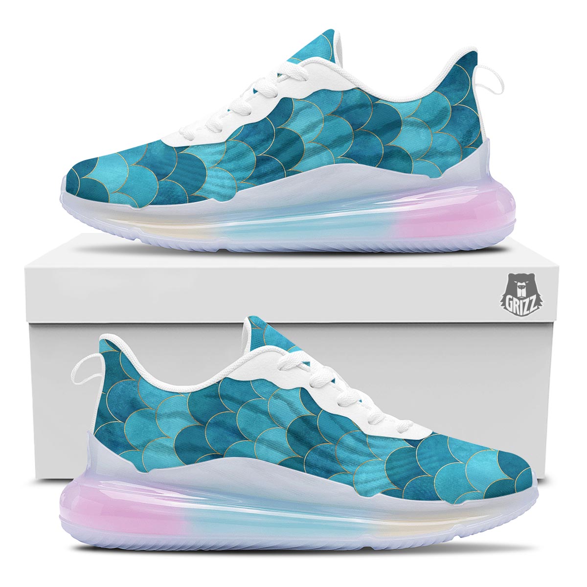 Scales Teal Mermaid Print Pattern Running Sneakers-grizzshop