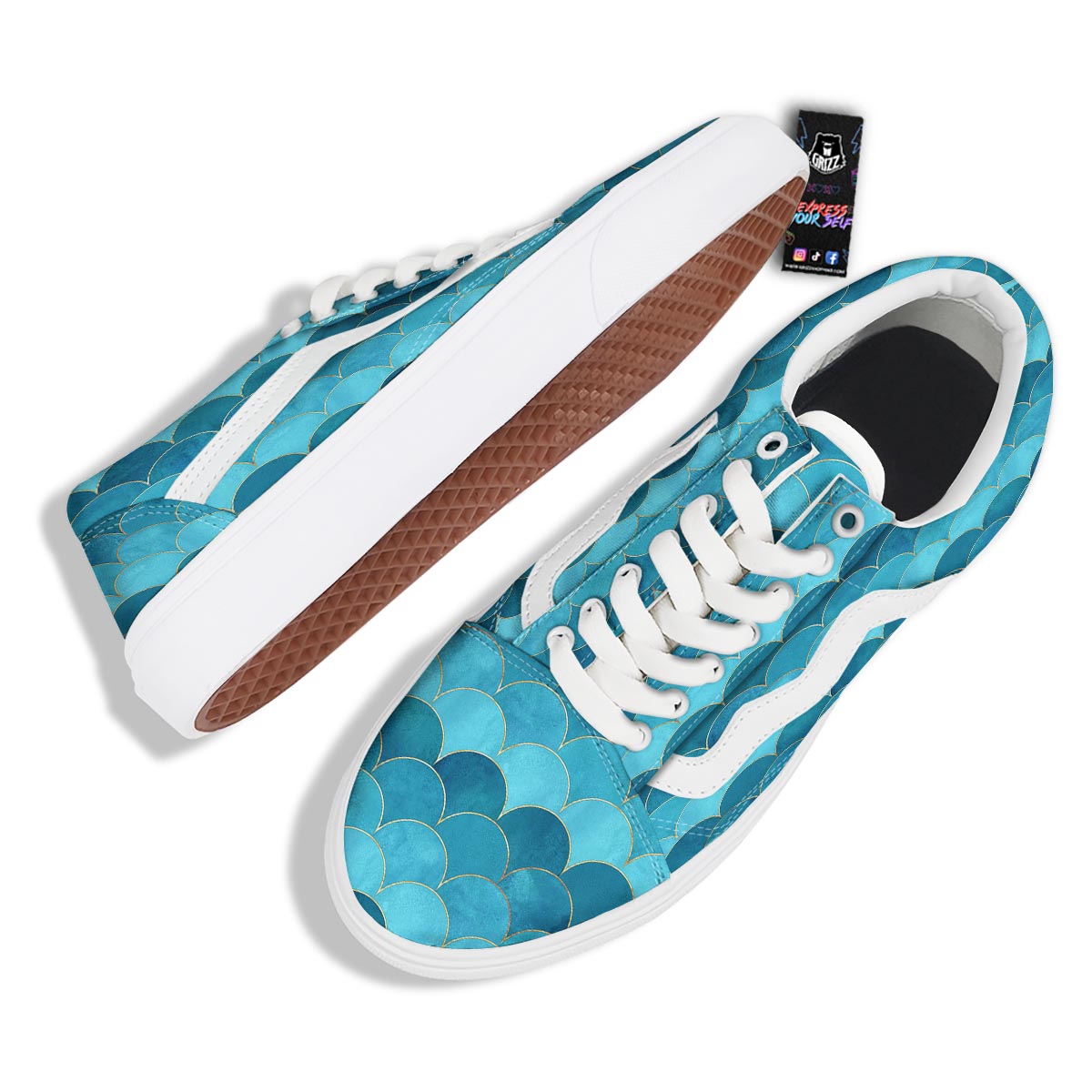 Scales Teal Mermaid Print Pattern Skate Shoes-grizzshop