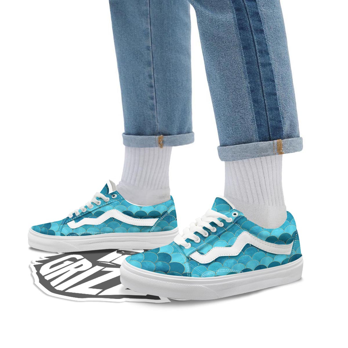 Scales Teal Mermaid Print Pattern Skate Shoes-grizzshop