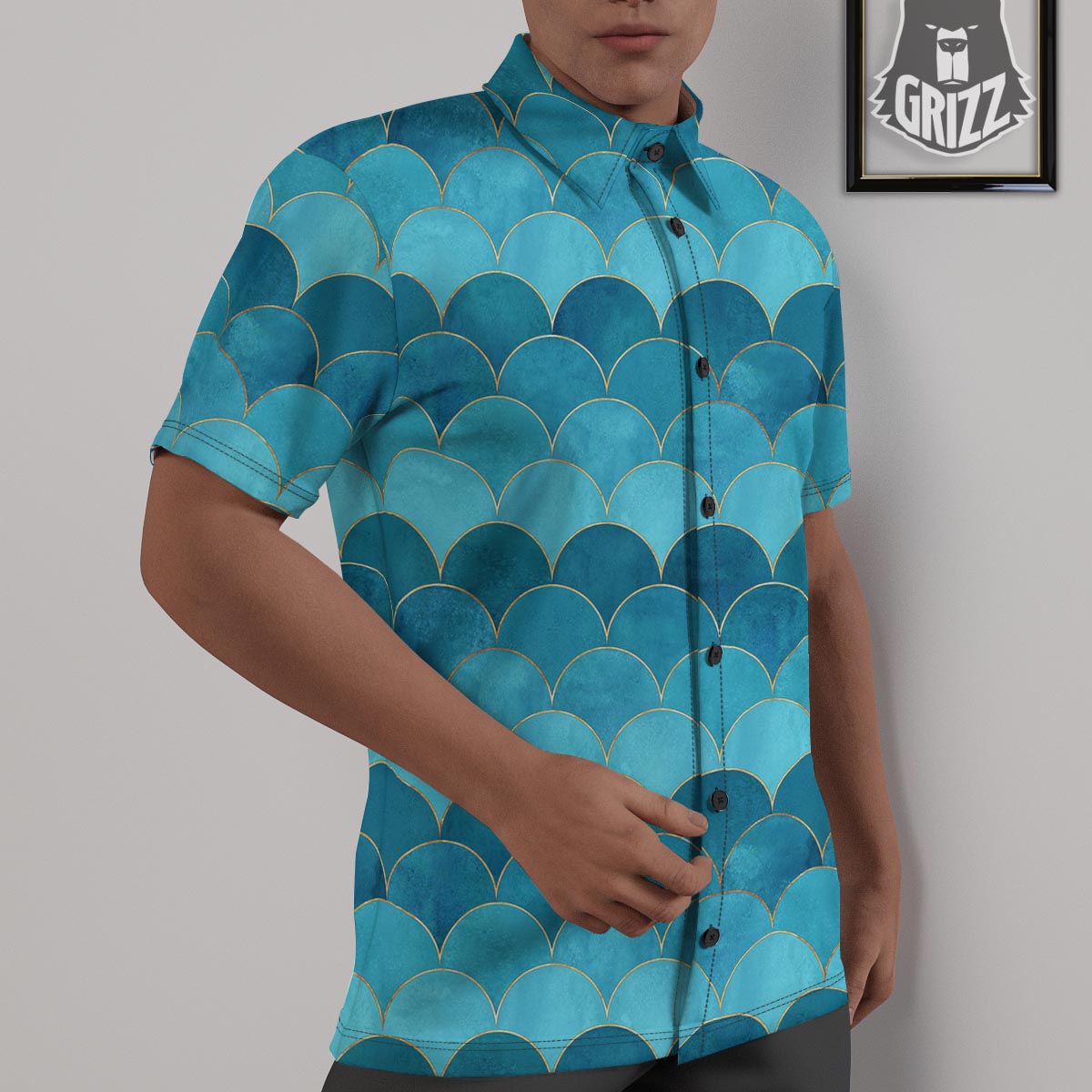 Scales Teal Mermaid Print Pattern Untucked Shirts-grizzshop