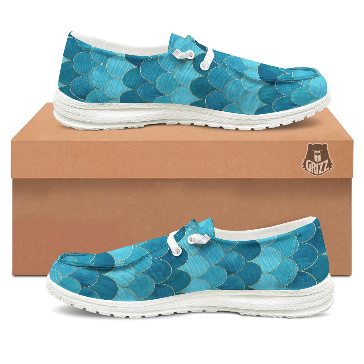 Scales Teal Mermaid Print Pattern White Loafers-grizzshop