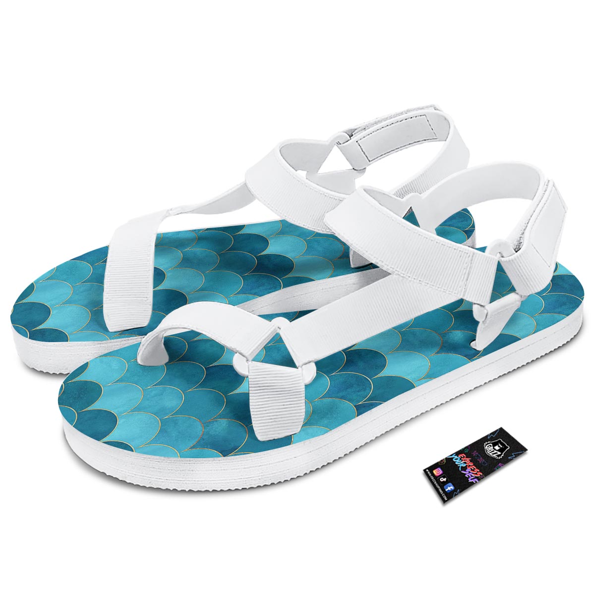 Scales Teal Mermaid Print Pattern White Open Toe Sandals-grizzshop